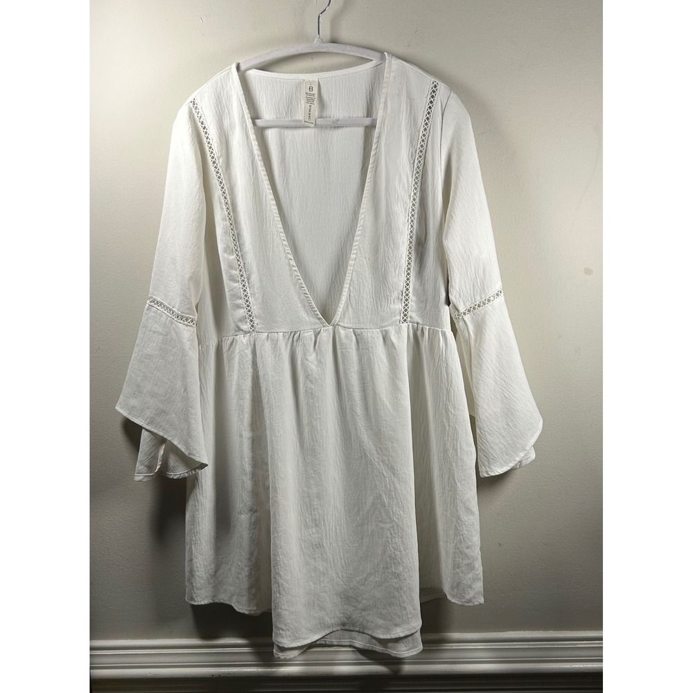 B by Bloom Babydoll Tunic Women L White Modern Crochet Trim Bell Sleeve V-Neck
